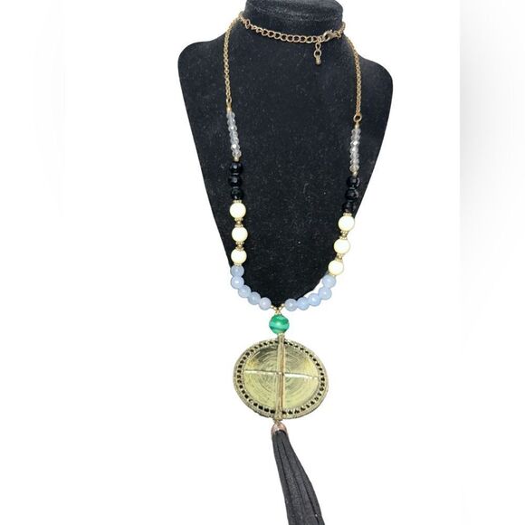 Beautiful unique  design long  brass pendant with beads And leather tassel neckl - Picture 2 of 2